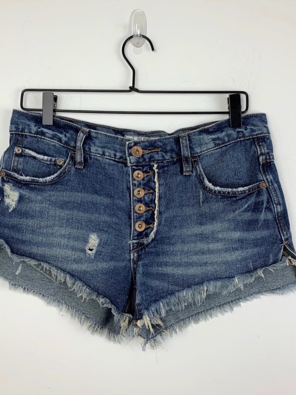 Free People Distressed High-Rise Button-Fly Denim Shorts - Dark Blue